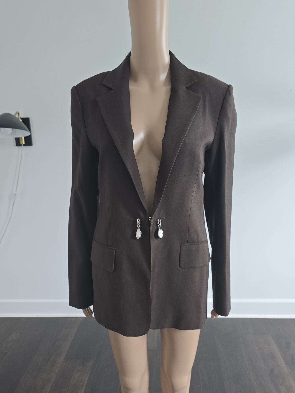 A.L.C. Mel Pearl Chocolate Brown Tailored Blazer with Decorative Front Charms